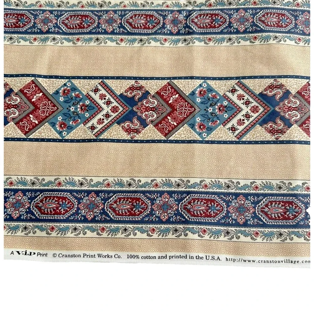 Vintage Cranston Tan Blue Maroon Cheater Quilt Stripe Cotton Fabric 2yd  x 45